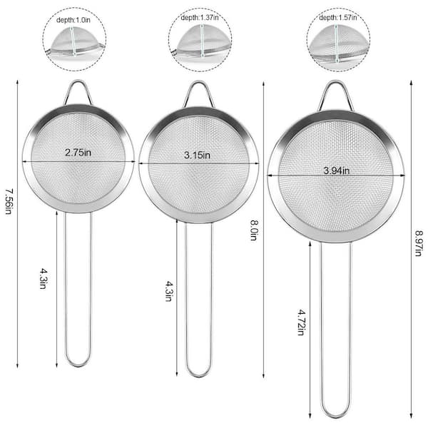 Stainless Steel Fine Mesh Strainer (Set of 3), Small Sieves with Handles for Tea, Cocktail, Juice, Flour, Sugar