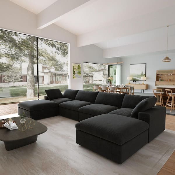 Unbranded 6-pieces Modular 160.6 in. Deep Seat Linen Sectional Sofa with Storage and Removable Covers, Cushions in Black 6-Seater