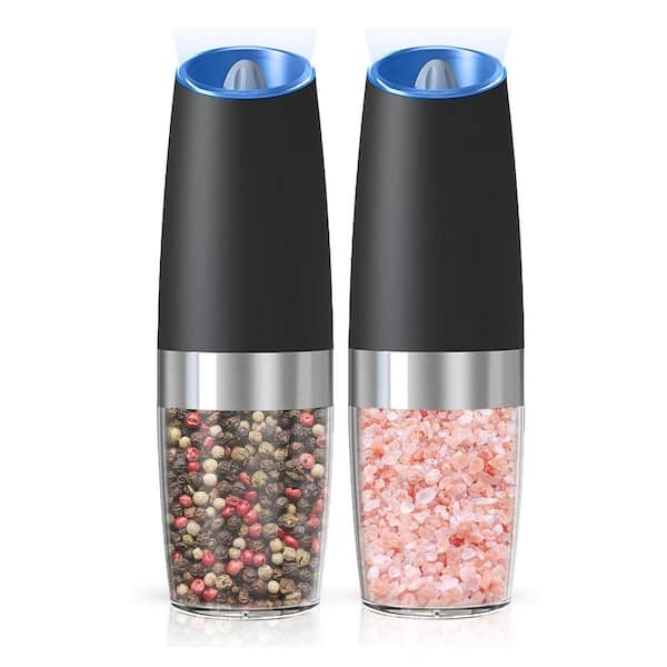 Gravity Activated Salt and Pepper Grinder Set Black Adjustable Coarseness LED Light 2 Pack Kitchen Tools
