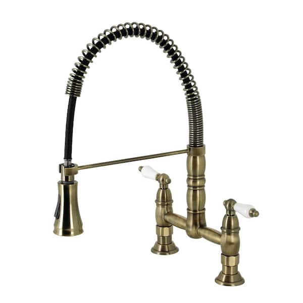 Kingston Brass Heritage Double-Handle Pull Down Sprayer Kitchen Faucet in Antique Brass