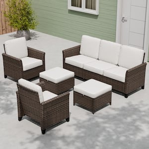 5-Piece Mix Brown Wicker Patio Conversation Set Wide Armrest 3-Seat Sofa Seating Set with Beige Cushions, Ottomans