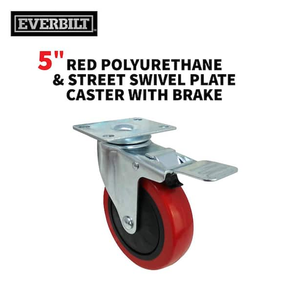 Everbilt 5 in. Red Polyurethane and Steel Swivel Plate Caster with Locking Brake and 330 lbs. Load Rating