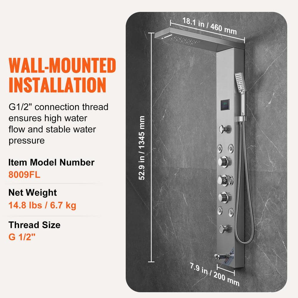 52.9'' Stainless Steel Wall-Mounted Shower Panel with LED Display