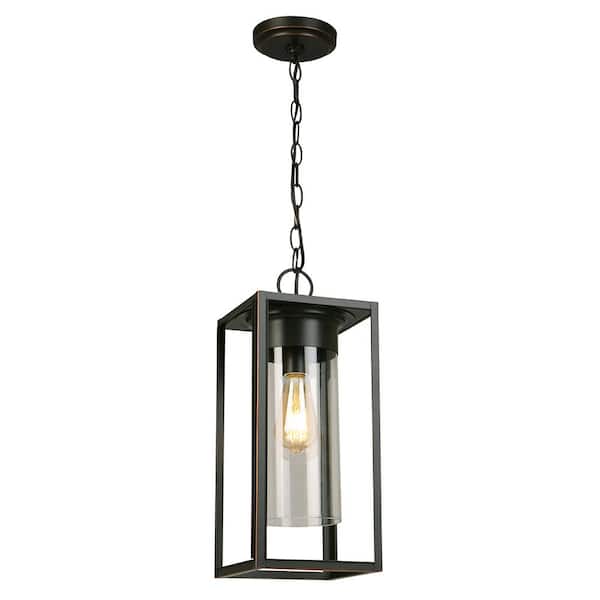 Eglo Walker Hill 7.36 in. W x 15 in H 1-Light Oil Rubbed Bronze Transitional Outdoor Pendant Light with Clear Glass Shade