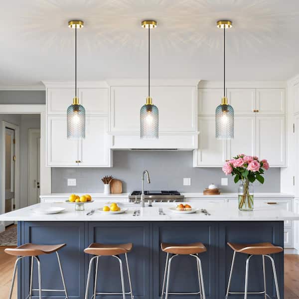 Rayhome 9.64 in. 1-Light Modern Coastal Cylinder Gradient Blue Honeycomb Hammered Glass Pendant Light for KitchenIsland