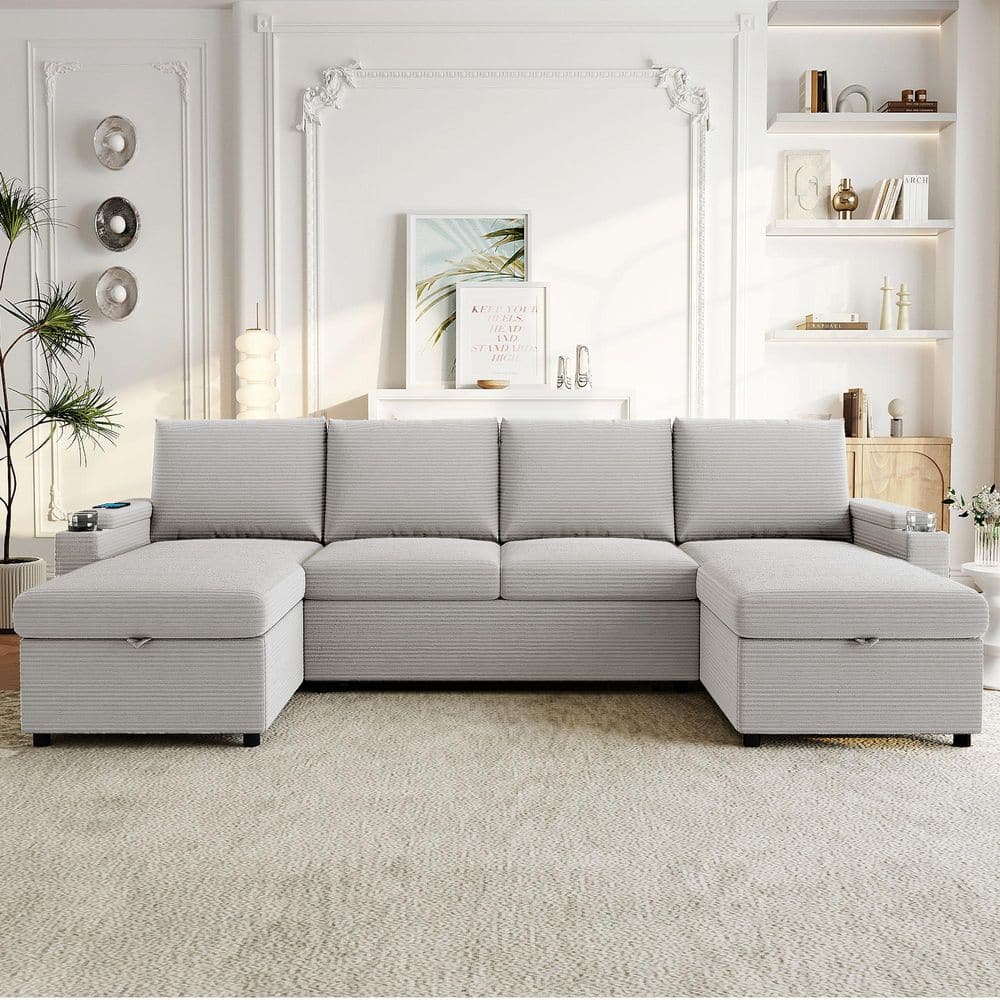 109.5 in. Square Arm Corduroy Sofa in Grey with Chaise Lounges, Cup Holders, USB Ports and Storage Boxes and Pockets price history on PriceWatchPro