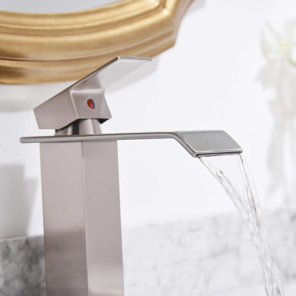 Brushed Nickel Single Handle Waterfall Bathroom Faucet with Pop Up Drain