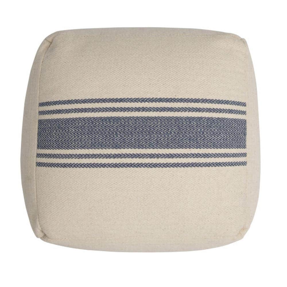 Coastal Charm Cream & Blue Stripe Square Metal Pouf