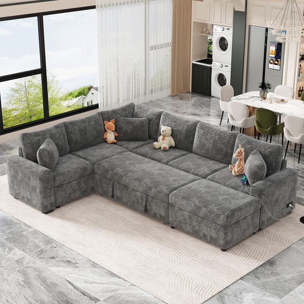 112 in. Chenille Sectional Sofa in Grey with Pull-out Sofa Bed Sleeper, Sto