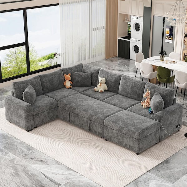 112 in. Chenille Sectional Sofa in Grey with Pull-out Sofa Bed Sleeper, Storage Ottoman, 3 Pillows and Charging Devices