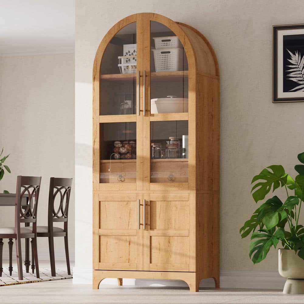 Farmhouse Natural Wood 29.9 in. Kitchen Island Arched Kitchen Pantry Cupboard Cabinet with Open and Adjustable Shelves