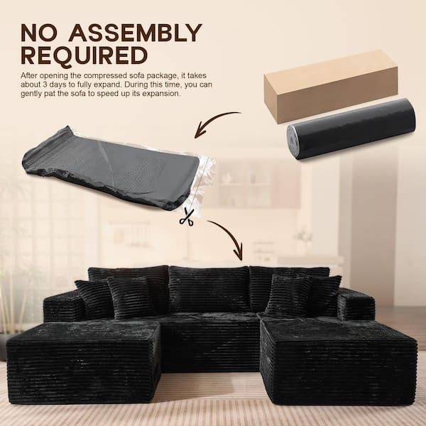 BP 108 in. Arm 2-Piece Plush Corduroy L-Shape Modular Sectional Sofa Couch in. Black with Right Chaise and Ottoman