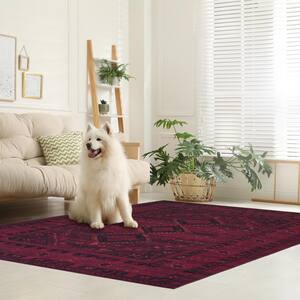 Olympus Red 5 ft. 8 inch.X 9 ft. Machine Washable Vintage-Turkoman Oriental Bokhara Polyester Non-Slip Backing Area Rug