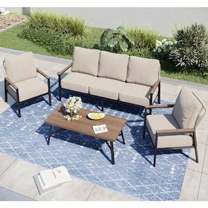 Black 4-Piece Metal Outdoor Patio Conversation Seating Set with Beige Cushions