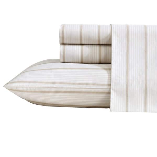 Nautica Merrick Stripe 4-Piece Beige/Sea Wheat 100% Cotton Full Sheet Set
