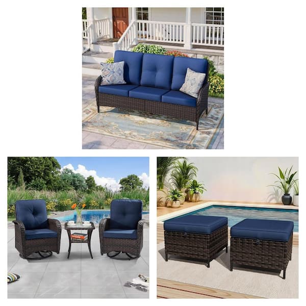 Brown Wicker Patio Set with Blue Cushions: Ottoman (Set of 2), Rocking Swivel Chairs and 3-Seat Couch