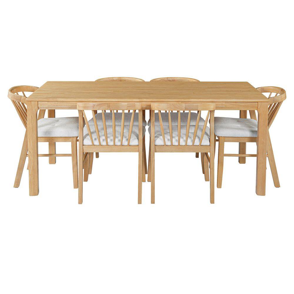 Denise 7-Piece Wood Top Dining Set with Beige+Natural Fabric Upholstered Dining Chairs, Natural Dining Table, Seats 6