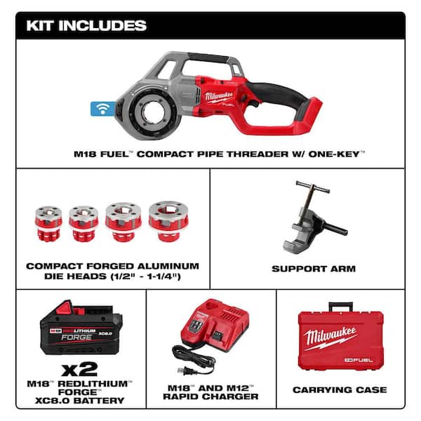 M18 FUEL One-Key Cordless Brushless Compact Pipe Threader Kit W/(2) 8.0Ah Batteries, 1/2 in. - 1-1/4 in. Aluminum Dies