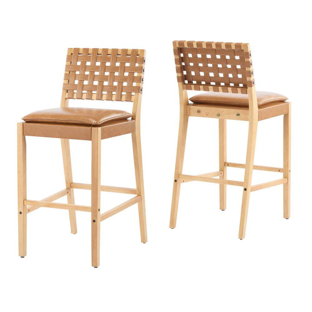 Pair of two wooden bar stools with woven rush backs.