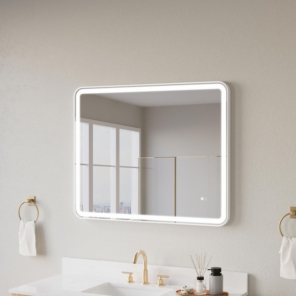 ANGELES HOME 40 in. x 32 in. Rectangular Aluminum Framed Wall Mount LED Light Fog Free Bathroom Vanity Mirror in White Round Corner