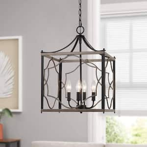 4-Light Farmhouse Matte Black and Wood Brown Grain Square Chandelier with No Bulbs. Included