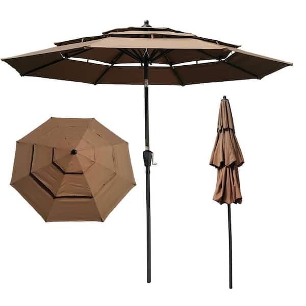 FORCLOVER 9 ft. 3-Tier Steel Market Tilt Patio Umbrella in Chocolate