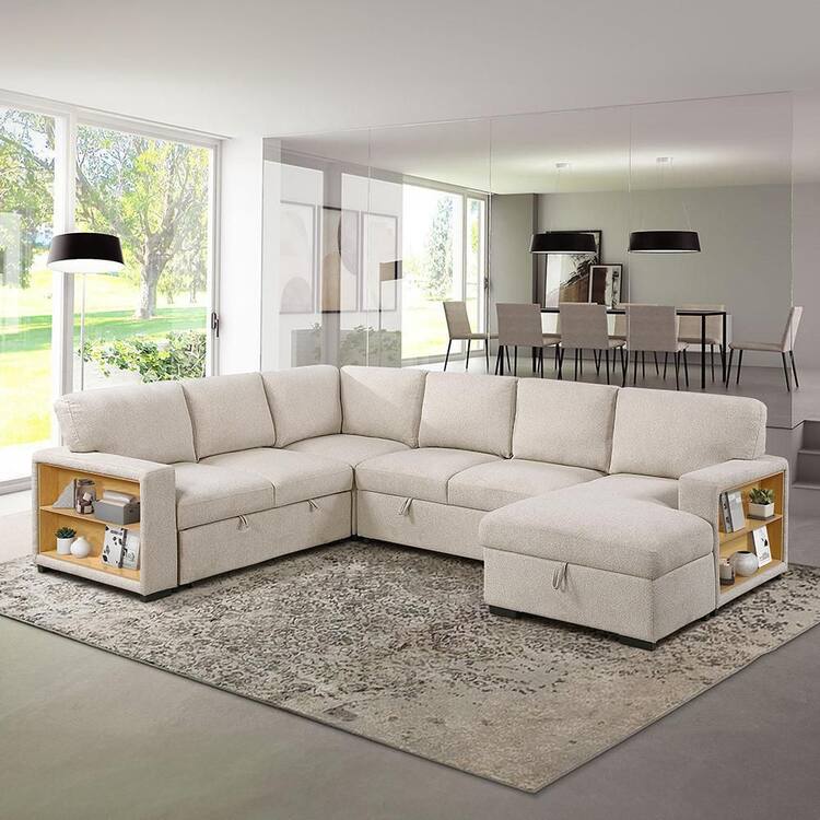 Lazzara Pegosa 121 in. Straight Arm 4-Piece Boucle Fabric Sectional Sofa in Beige with Right Chaise, Pull-Out Bed