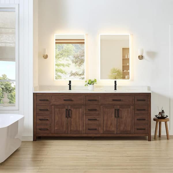 Beckett 84 in. Double Freestanding Dark Walnut Bath Vanity with Carrara Cultured Marble Top