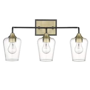 Gladys 23 in. 3-Light Antique Brass and Black Vanity Light with Clear Glass