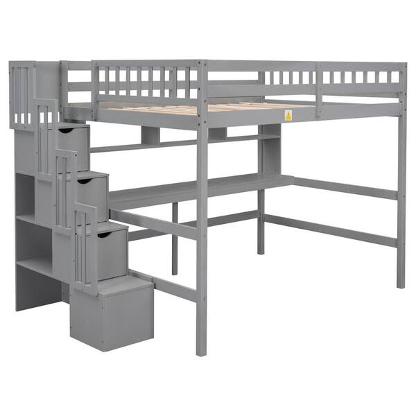 Harper & Bright Designs Gray Full Size Wood Loft Bed with Built-in Desk ...