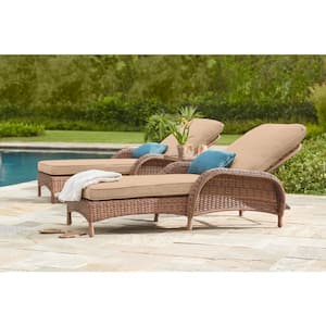 Beacon Park Brown Wicker Outdoor Patio Chaise Lounge with Sunbrella Beige Tan Cushions