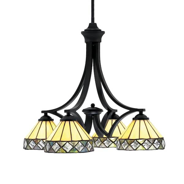 Unbranded Clevelend 4-Light Matte Black Chandelier, Round Chandelier with 7 in. Peak Art Glass Glass Shades, No bulbs included