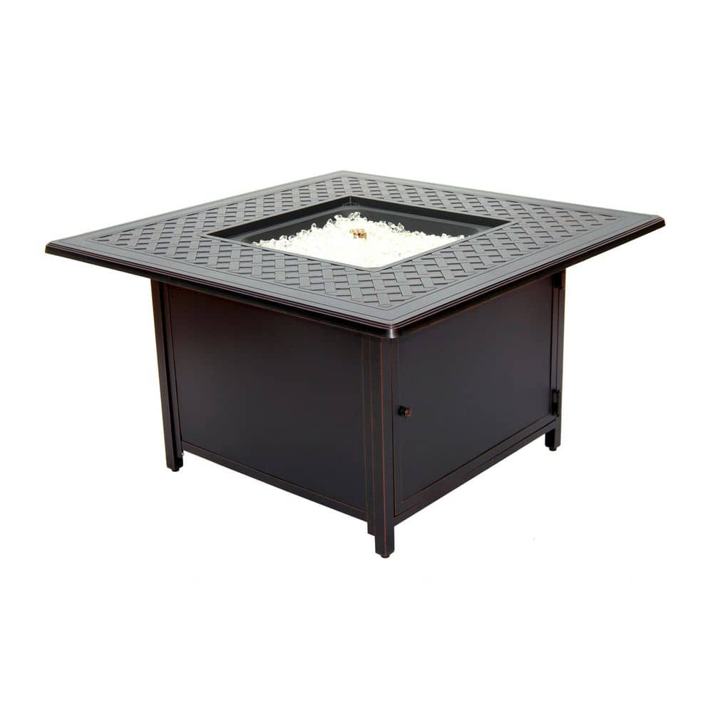 Heron 42" Square Black Gas Fire Pit Table with Clear Glass Beads