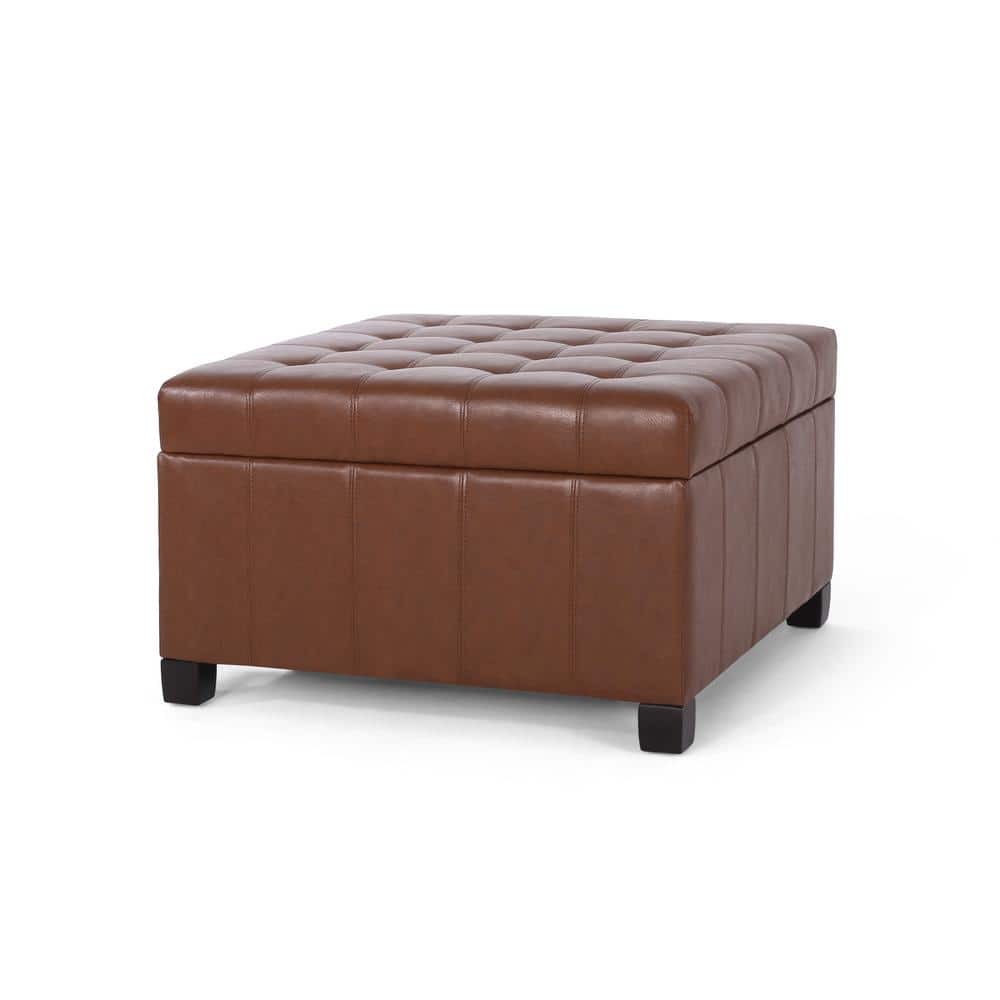 Rosalla Cognac Brown Faux Leather Tufted Storage Ottoman