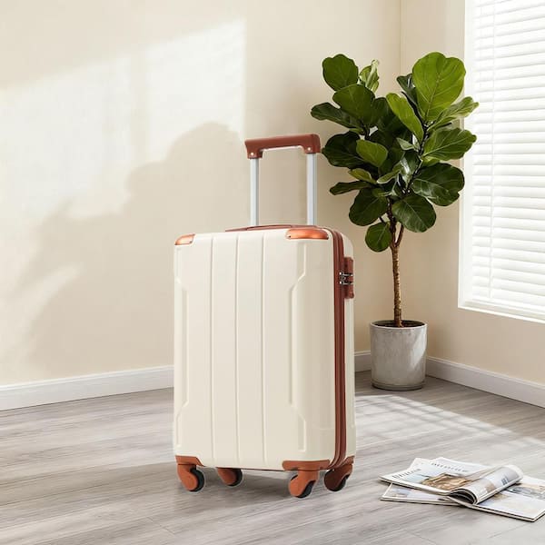 21.5 in. White and Brown ABS Hardside Luggage Double Spinner Suitcase with 3-Digit TSA Lock, 3-Step Telescoping Handle