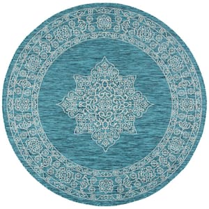 Courtyard Teal/Ivory 7 ft. x 7 ft. Round Medallion Indoor/Outdoor Patio  Area Rug
