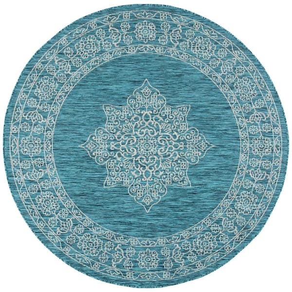 SAFAVIEH Courtyard Teal/Ivory 7 ft. x 7 ft. Round Medallion Indoor/Outdoor Patio  Area Rug
