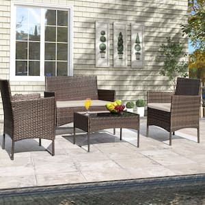 4-Piece Wicker Patio Conversation Set, Outdoor Furniture Set Chair with Beige Cushions