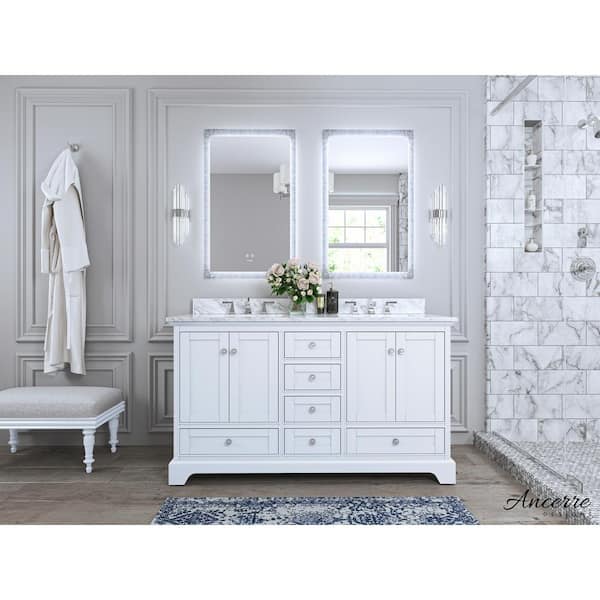Ancerre Designs Audrey 60 in. W x 22 in. D Vanity in White with Marble Vanity Top in Carrara White with White Basin