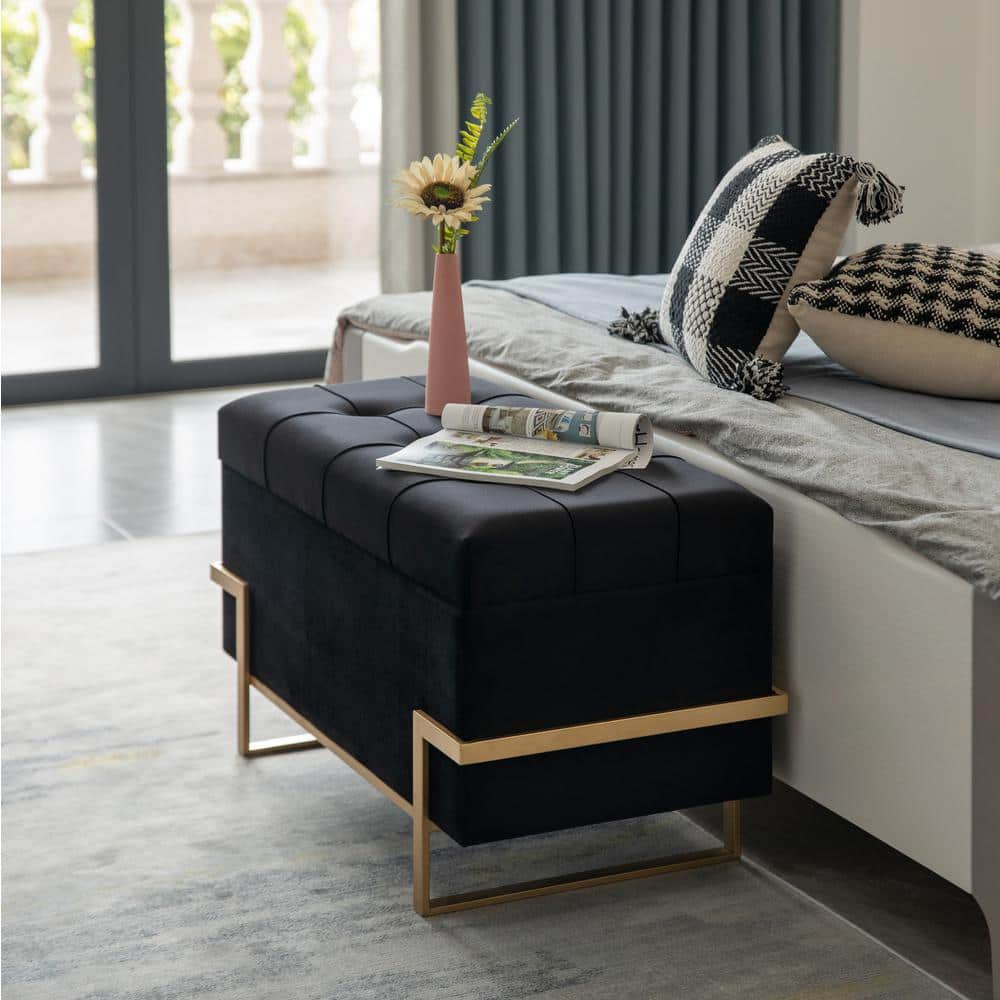 Elegant Black Velvet Storage Ottoman with Golden Metal Legs