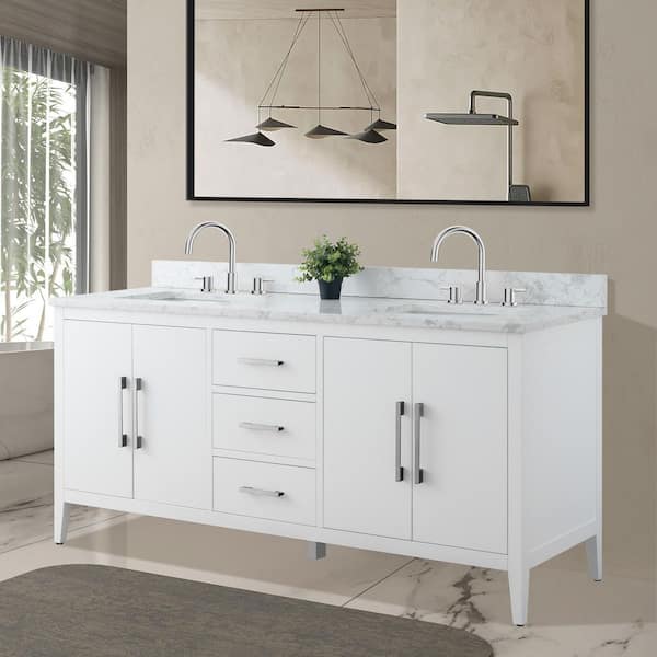 72 in. W x 22 in. D x 38 in. H Double Sink Bathroom Vanity Cabinet in White with Engineered Marble Top in White