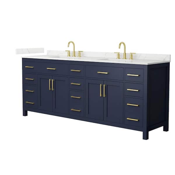 Beckett 84 in. Double Freestanding Dark Blue Bath Vanity with Giotto Quartz Top (Assembled)