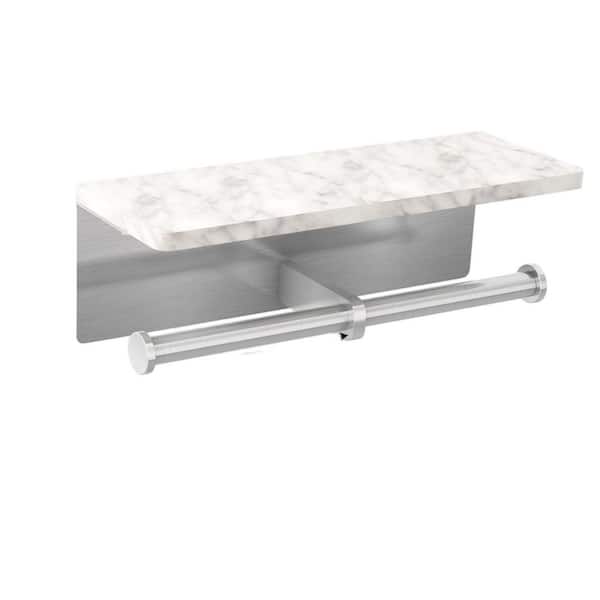 Wall-mounted Double Toilet Paper Holder with Shelf in Brushed Nickel, Marble Bathroom Washroom Accessory Decoration