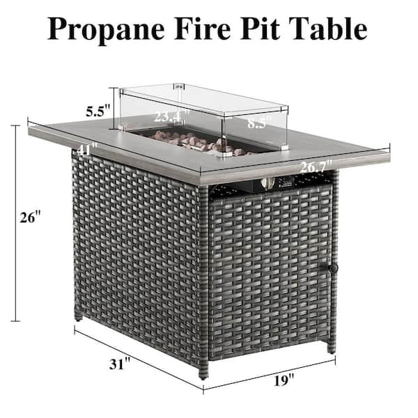 Arcline 41 in. 50000 BTU Rectangle Gray Wicker Outdoor Gas Fire Pit Table with Volcanic Stone