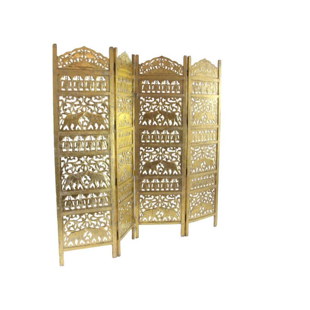 Gold Wooden Carved Elephant 4-Panel Folding Privacy Screen