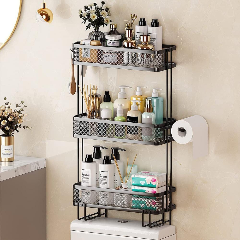 1pc Black Free-standing Toilet Paper Holder With Tray, Stand Up Bathroom  Tissue Roll Storage Rack With Space Shelf, Waterproof And Anti-rust