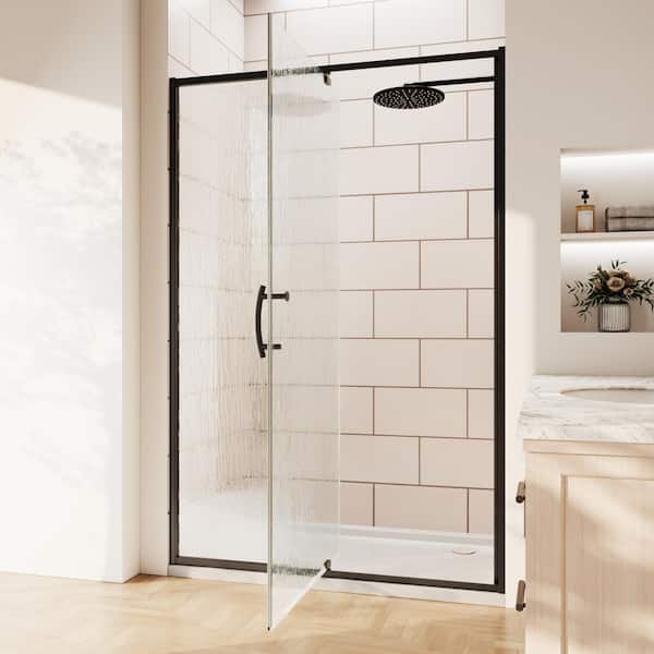 44-48 in. W x 71 in. H Pivot Framed Shower Door in Matte Black with 1/4 in. (SGCC) Rain Glass,4 in. Adjustable Track