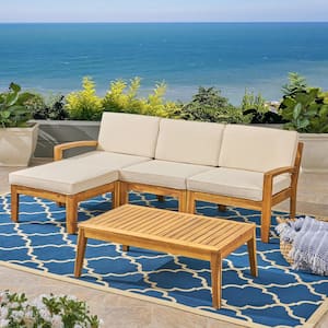 Penelope Teak Finish 4-Piece Wood Outdoor Sectional Set with Beige Cushions