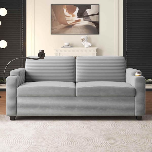 72.8 in. Square Arm Corduroy Square with Full Size Mattress,USB Ports,Cup Holders and Side Pockets Sofa in Grey