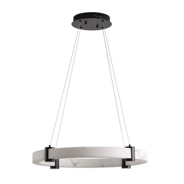 23.6 in. Modern White Round LED Pendant Light, Hanging Chandelier with Adjustable Height, Imitation Marble, Dimmable